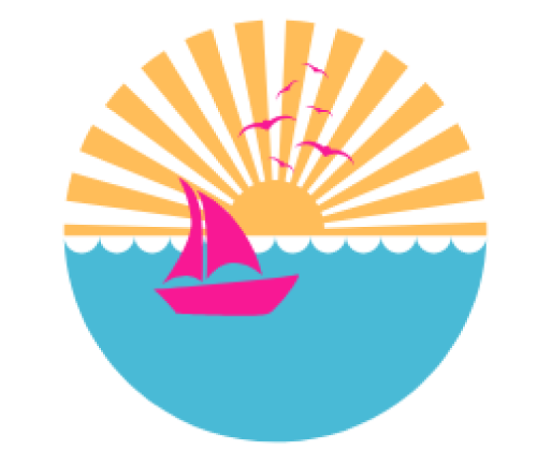 logo of a pink boat sailing at sunset, as birds fly overhead.